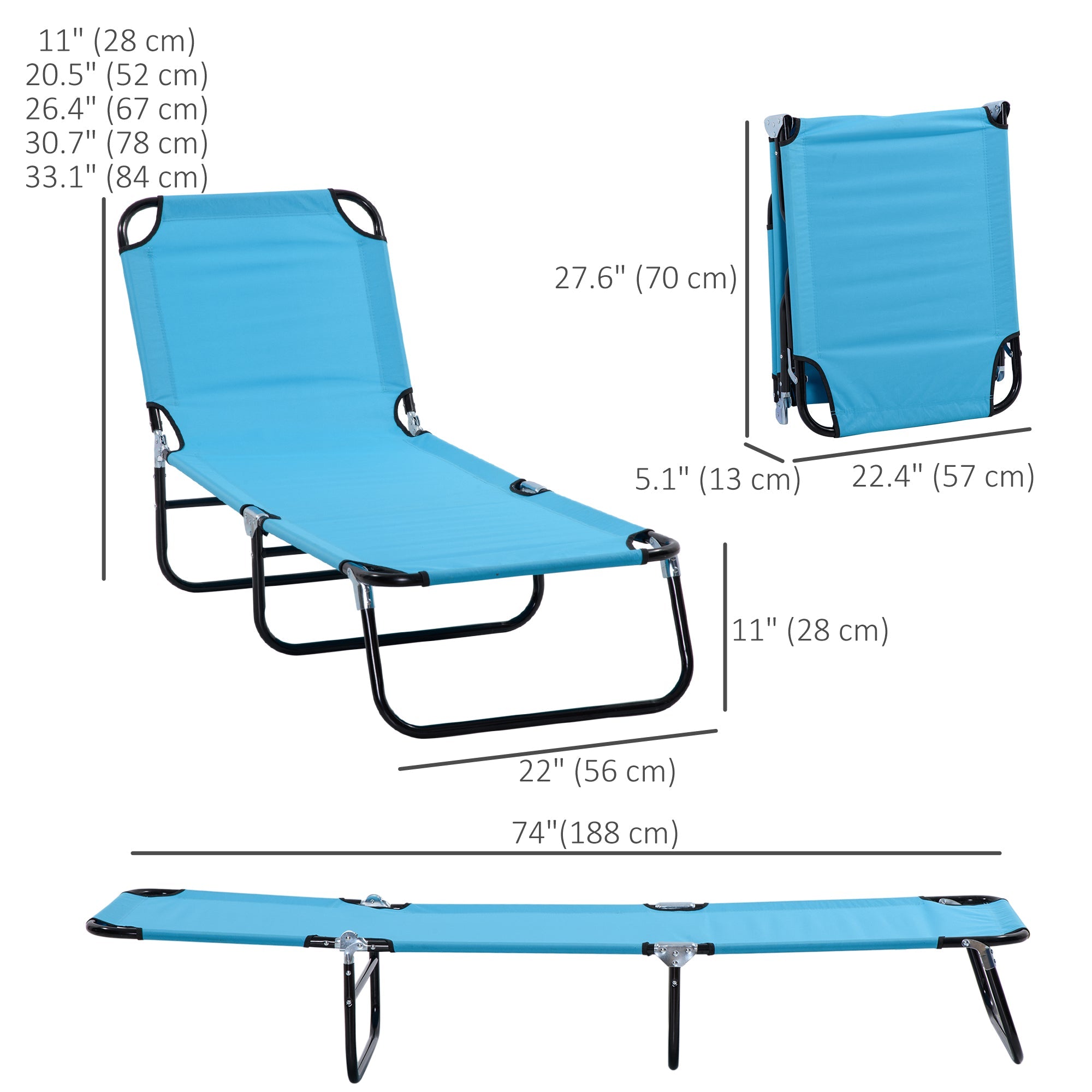 Outsunny Folding Lounge Chair Outdoor Steel Mesh Tanning Recliner with Adjustable Back for Beach Yard Patio Sky Blue 