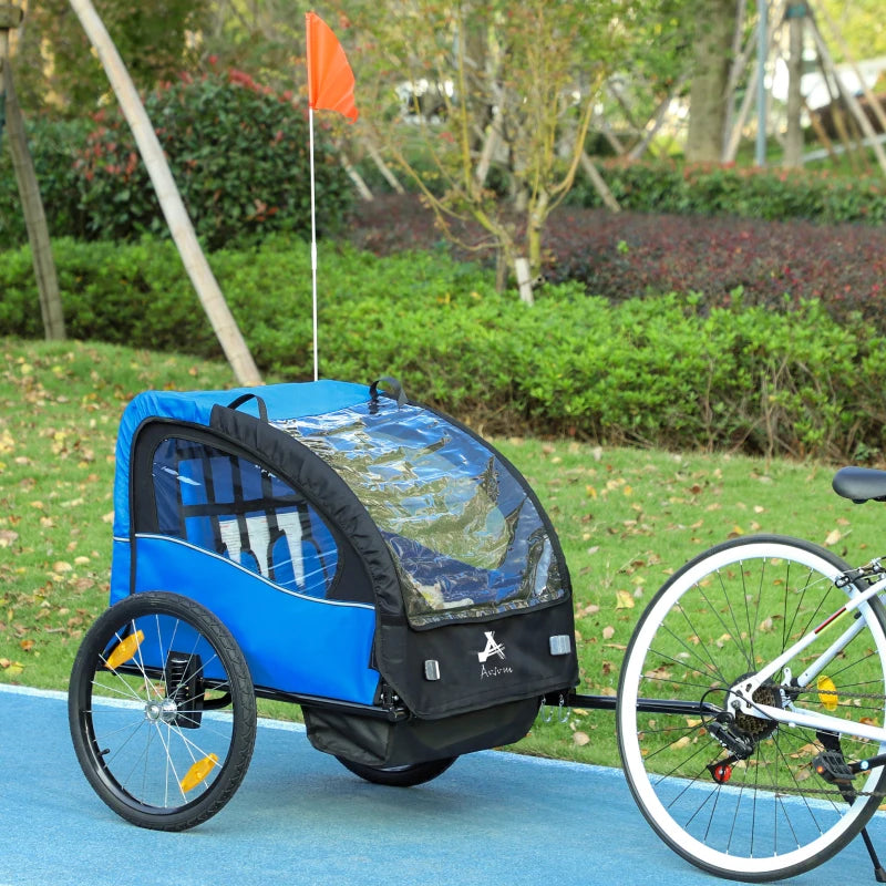 Aosom 2 Seat Bike Trailer for Kids, Baby Stroller with Storage Bag, 5 Point Harness, Bicycle Trailer with 20" Wheels, Blue