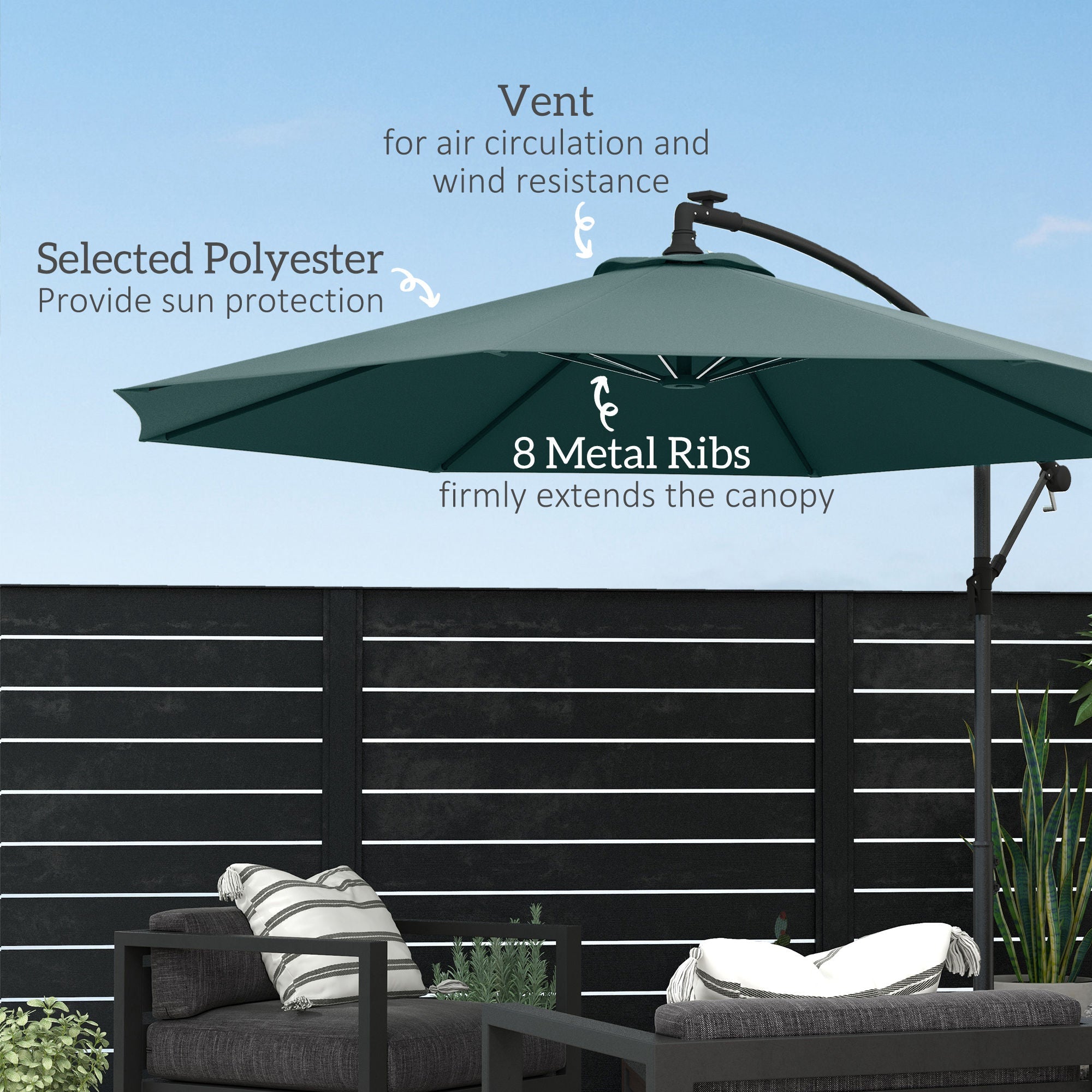 Outsunny 10ft Outdoor Cantilever Hanging Offset Umbrella with Solar LED Lights, Crank, Cross Base, Aluminum Frame, Green 