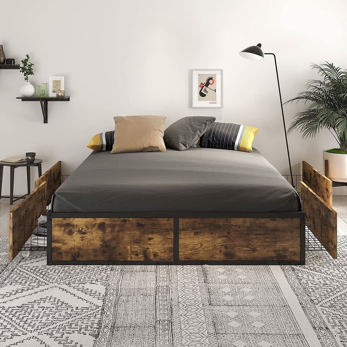 Queen Metal Wood Platform Bed Frame with 4 Storage Drawers - 800 lbs Max Weight - Free Shipping