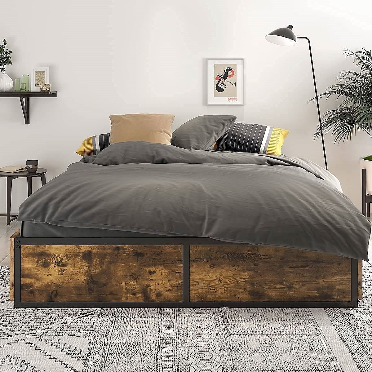 Queen Metal Wood Platform Bed Frame with 4 Storage Drawers - 800 lbs Max Weight - Free Shipping