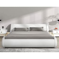 King Modern White Faux Leather Upholstered Platform Bed Frame with Headboard - Free Shipping