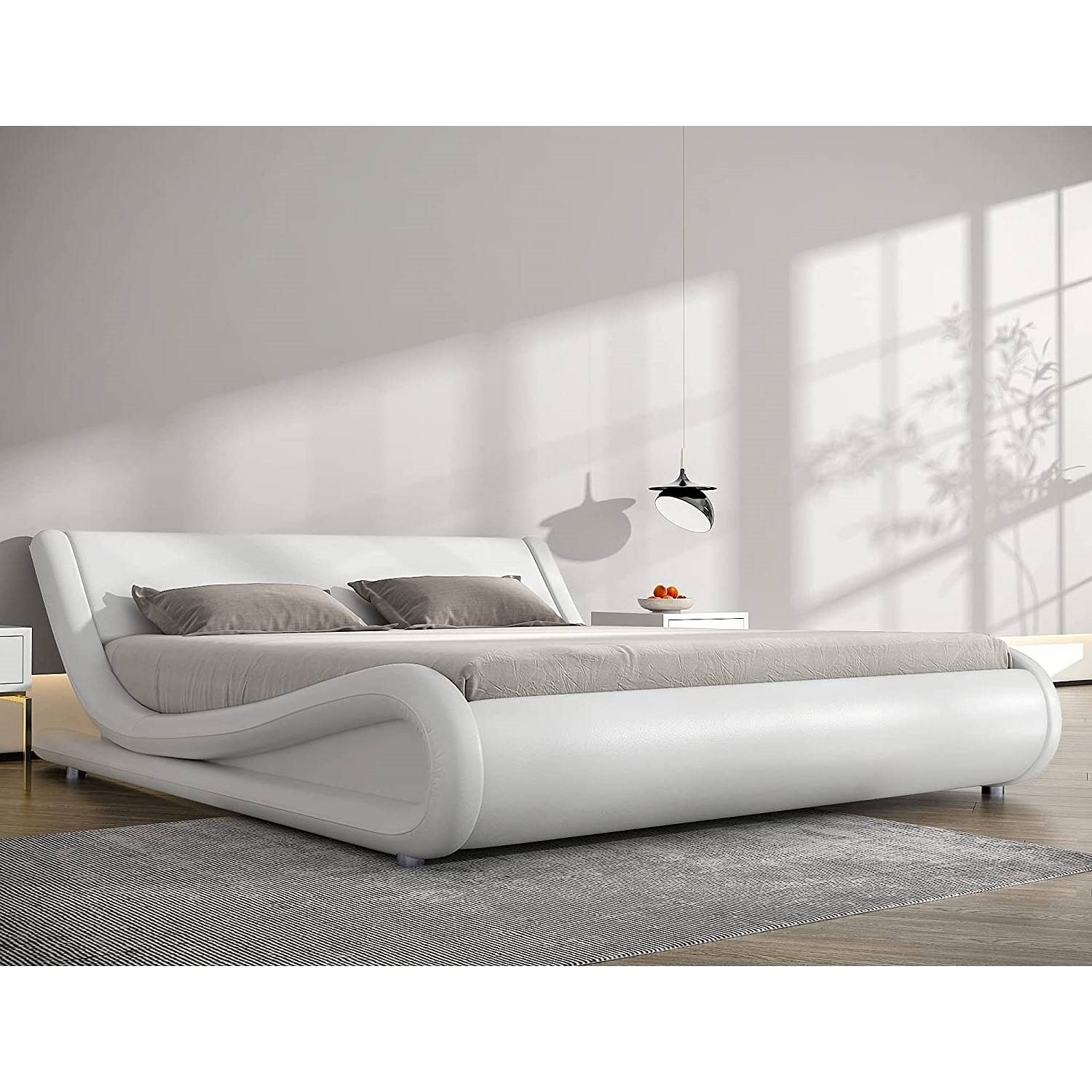 King Modern White Faux Leather Upholstered Platform Bed Frame with Headboard - Free Shipping