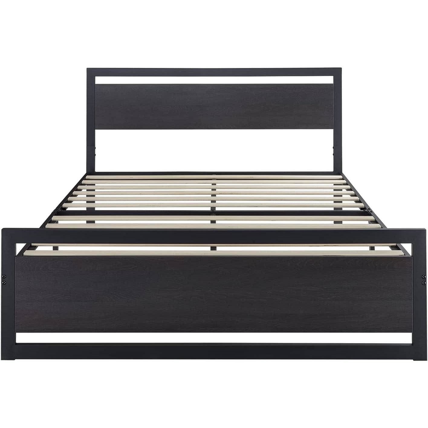 Full Black Metal Platform Bed Frame with Wood Panel Headboard and Footboard - Free Shipping