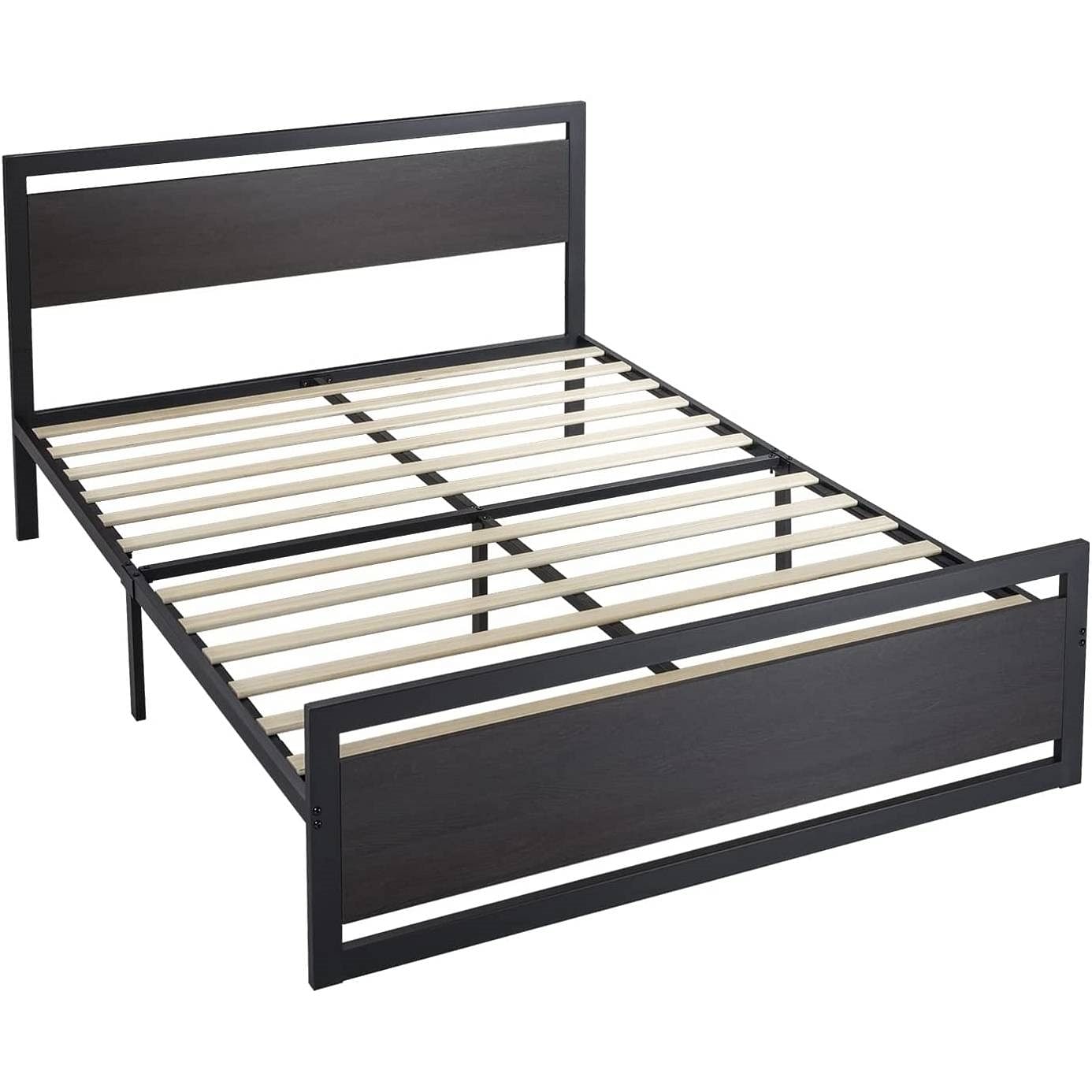 Full Black Metal Platform Bed Frame with Wood Panel Headboard and Footboard - Free Shipping