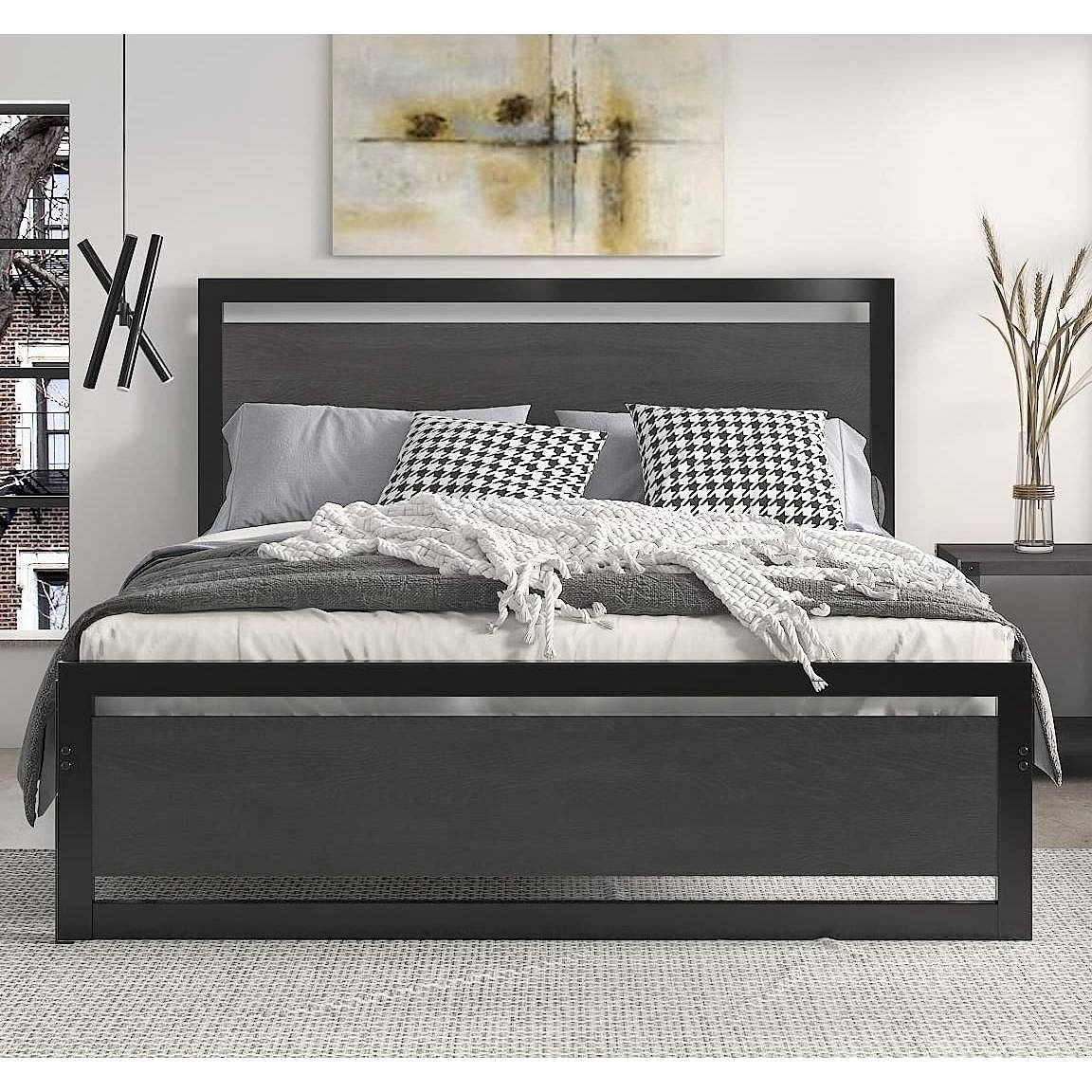 Full Black Metal Platform Bed Frame with Wood Panel Headboard and Footboard - Free Shipping