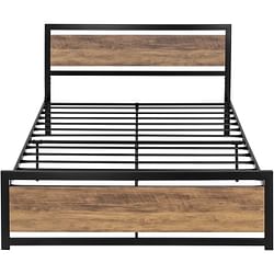 Full Metal Platform Bed Frame with Brown Wood Panel Headboard and Footboard - Free Shipping