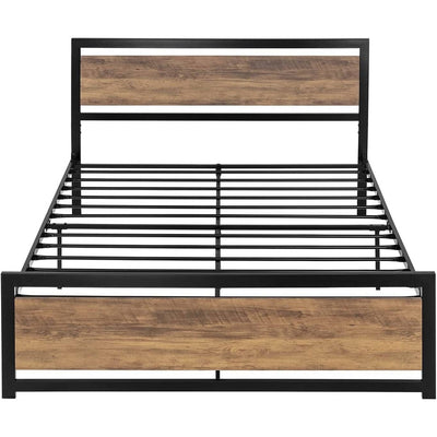Full Metal Platform Bed Frame with Brown Wood Panel Headboard and Footboard - Free Shipping 