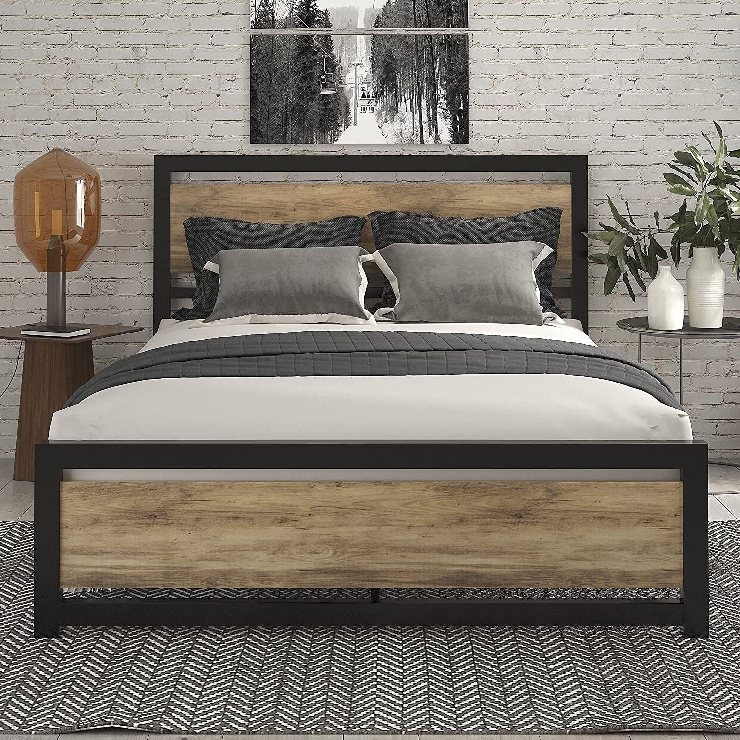 Full Metal Platform Bed Frame with Brown Wood Panel Headboard and Footboard - Free Shipping