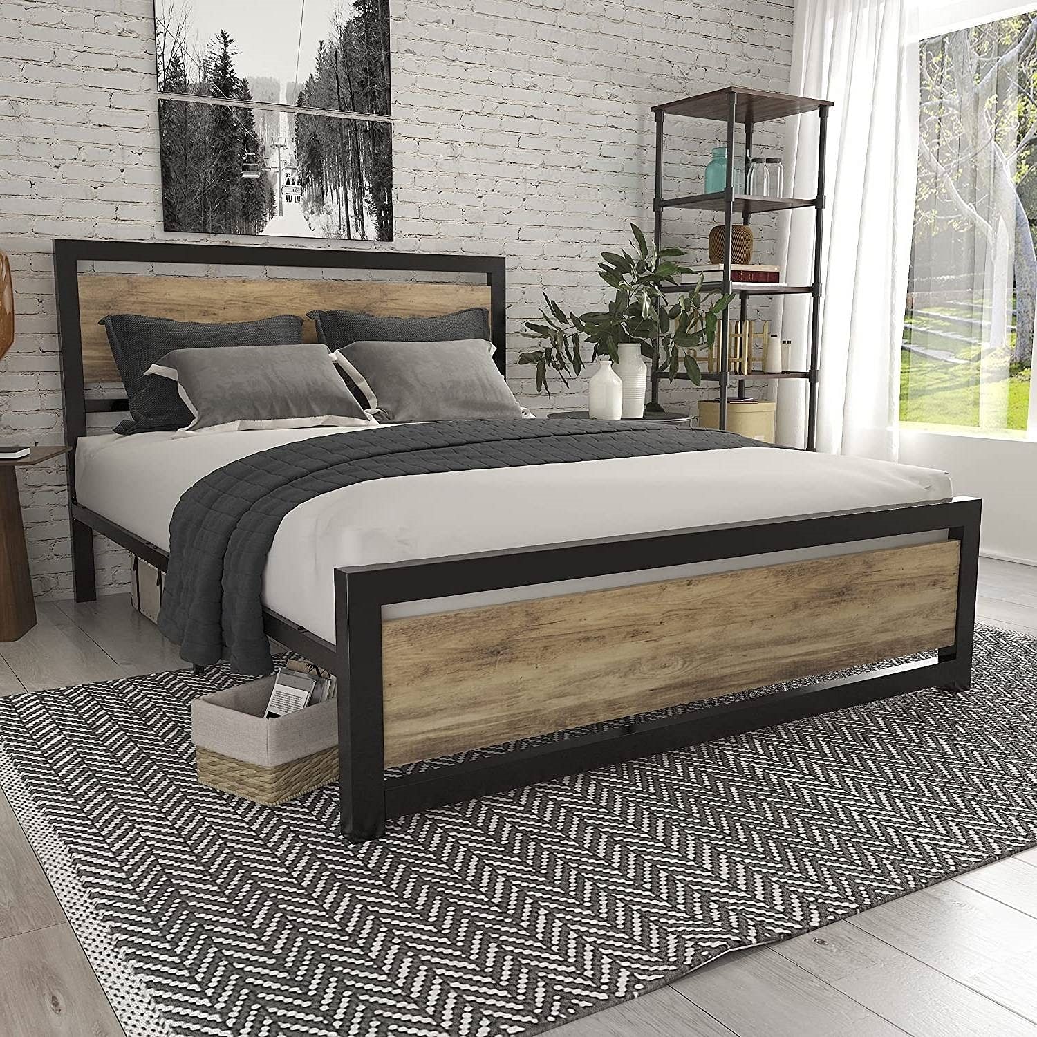 Full Metal Platform Bed Frame with Brown Wood Panel Headboard and Footboard - Free Shipping