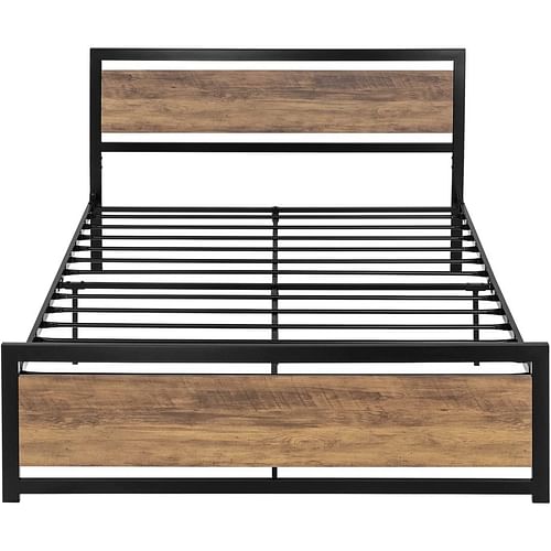 Full Metal Platform Bed Frame with Brown Wood Panel Headboard and Footboard - Free Shipping