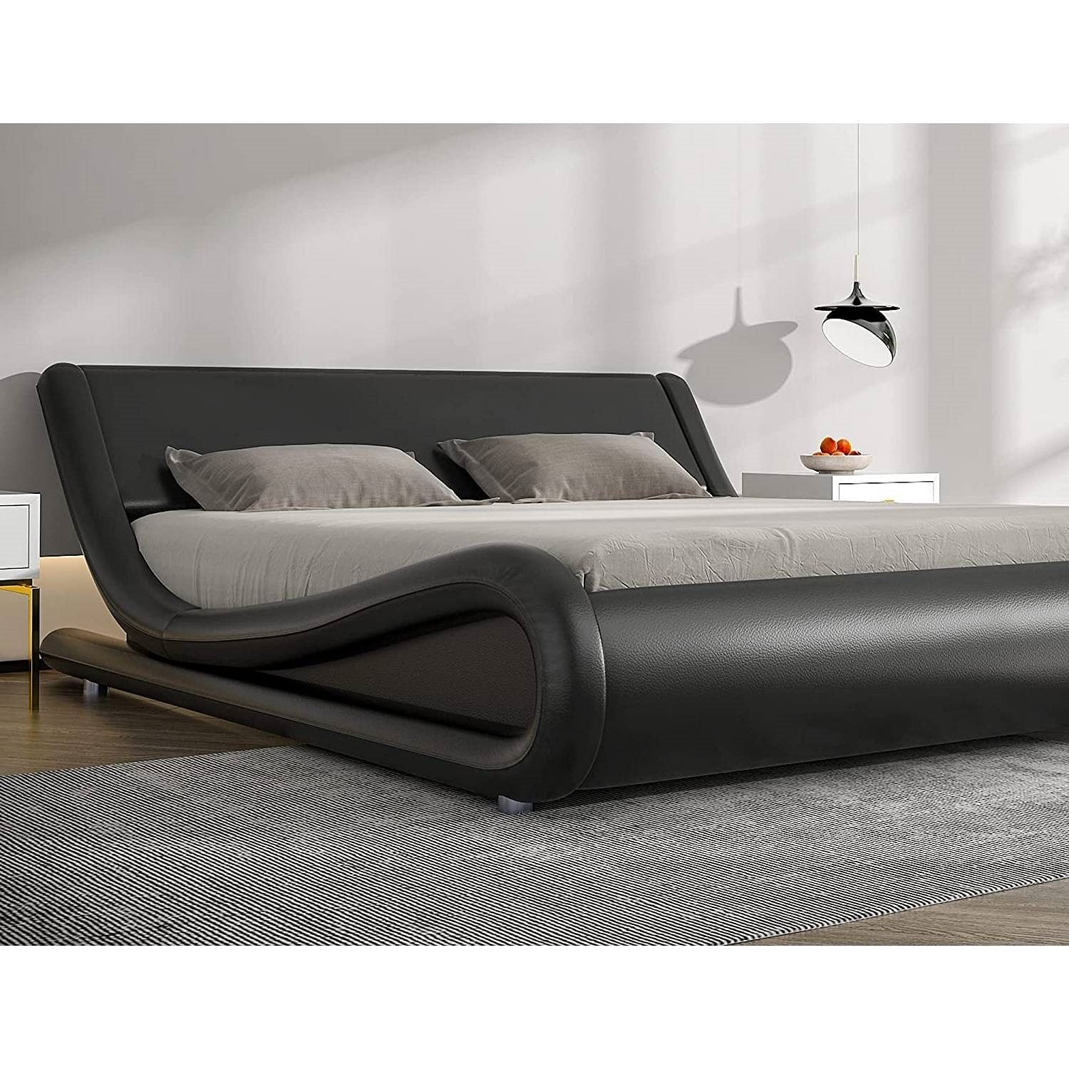 King Modern Black Faux Leather Upholstered Platform Bed Frame with Headboard - Free Shipping