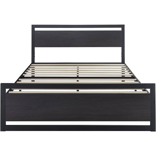 Queen Black Metal Platform Bed Frame with Wood Panel Headboard and Footboard - Free Shipping