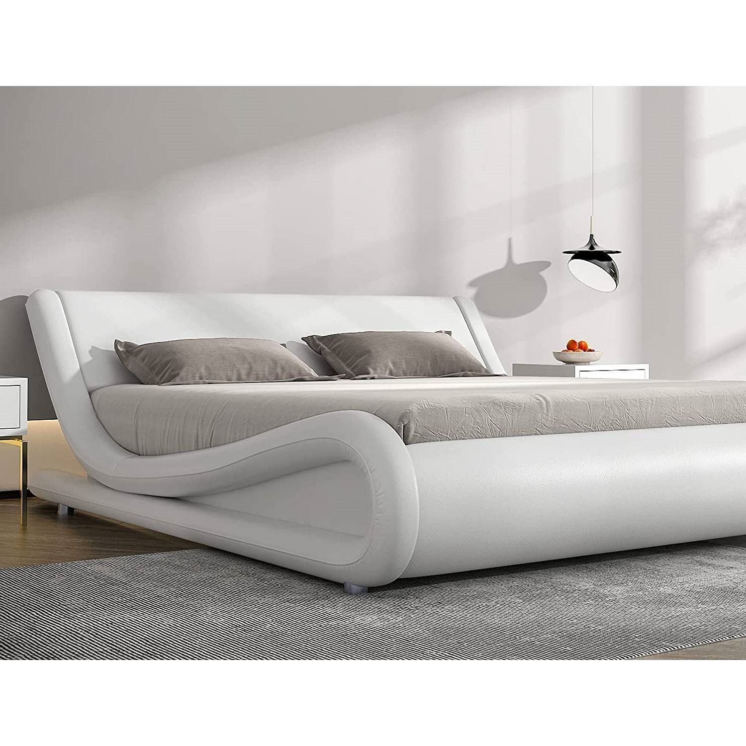 Queen Modern White Faux Leather Upholstered Platform Bed Frame with Headboard - Free Shipping 