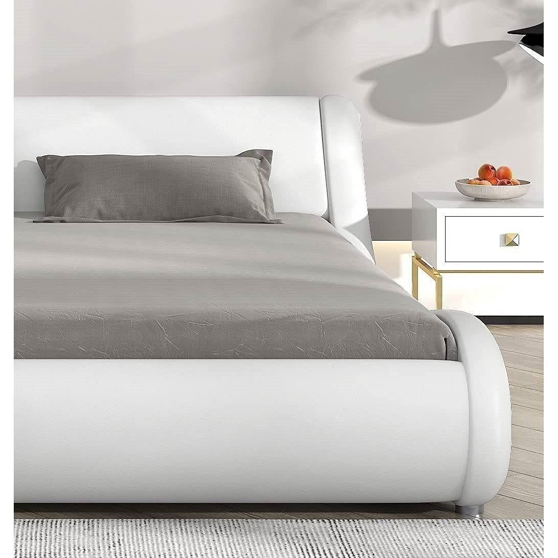 Queen Modern White Faux Leather Upholstered Platform Bed Frame with Headboard - Free Shipping