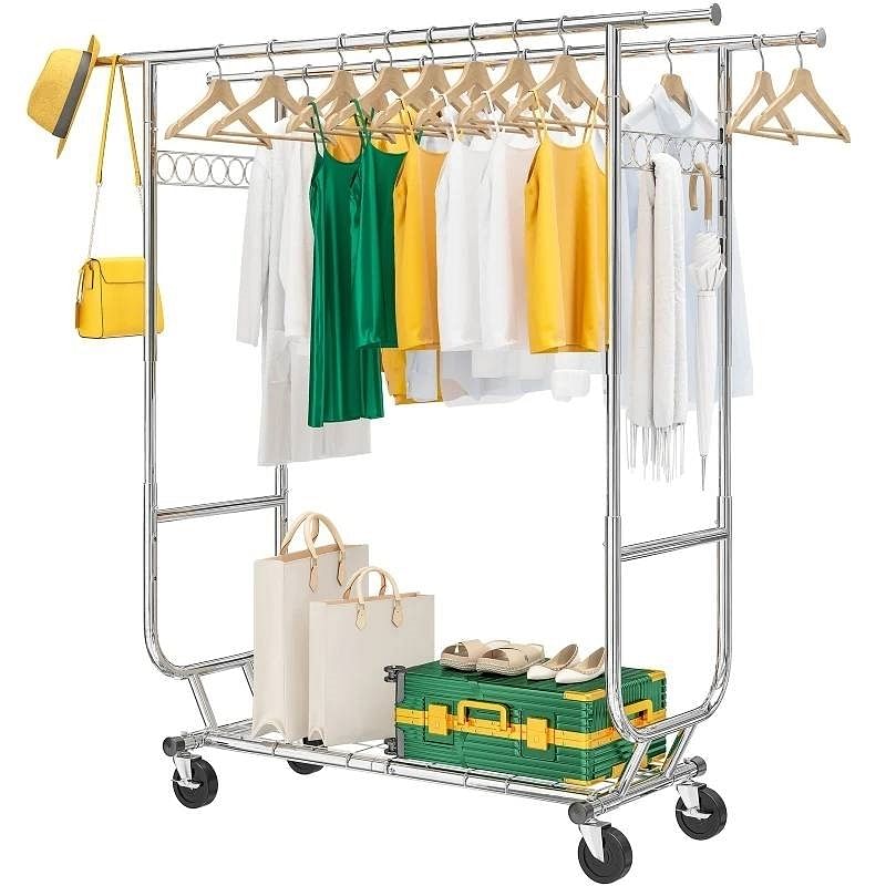 Heavy Duty Double Bar Clothes Garment Rack on Wheels - 600 lbs Capacity - Free Shipping 