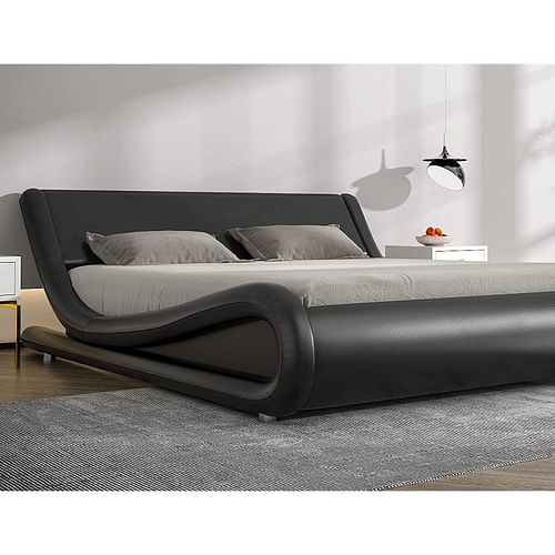 Queen Modern Black Faux Leather Upholstered Platform Bed Frame with Headboard - Free Shipping