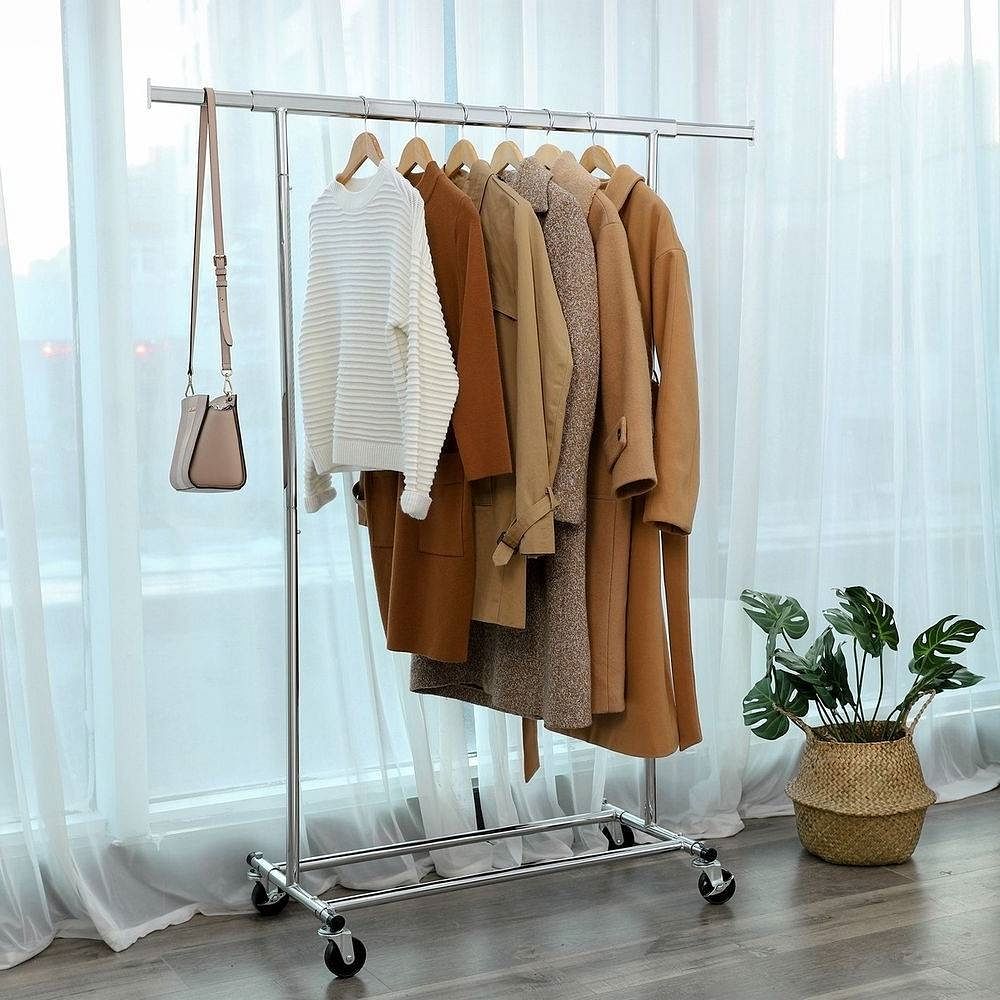 Heavy Duty Chrome Plated Silver Metal Garment Rack Clothes Hanging Bar on Wheels - Free Shipping 