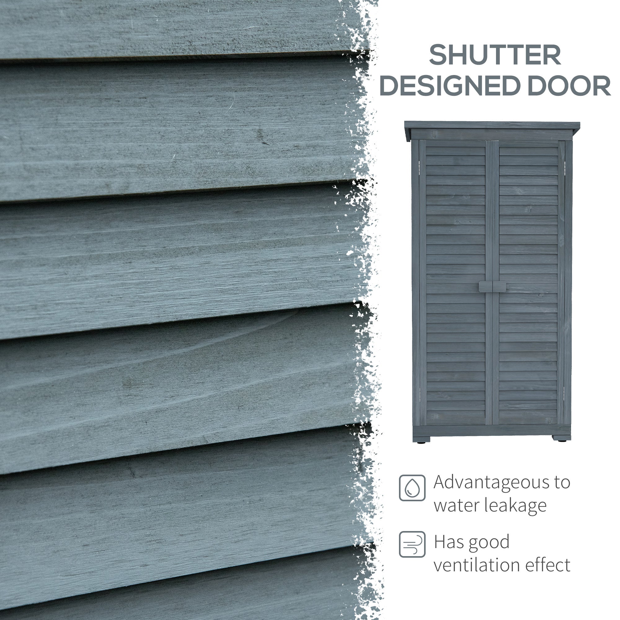 Outsunny Outdoor Garden Shed with 3-Tier Shelves & Asphalt Roof - Wooden Tool Storage Solution, Shutter Doors, 34.3"x18.3"x63", Grey 