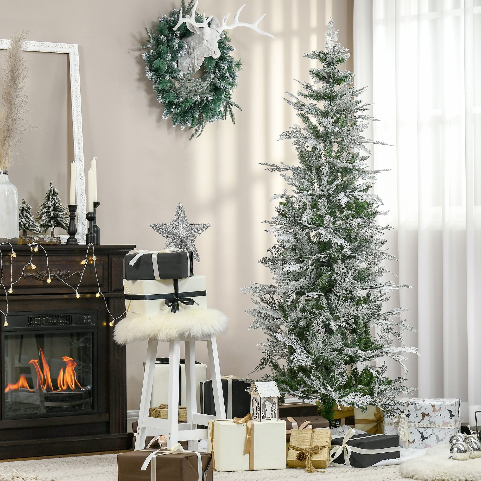 HOMCOM 6 Foot Pencil Snow Flocked Artificial Christmas Tree with 517 Realistic Cypress Branches, Auto Open, Green 