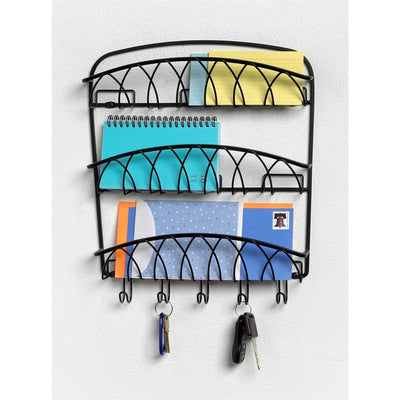3-Tier Letter Holder Organizer with Key Hooks in Black Metal Finish - Free Shipping 