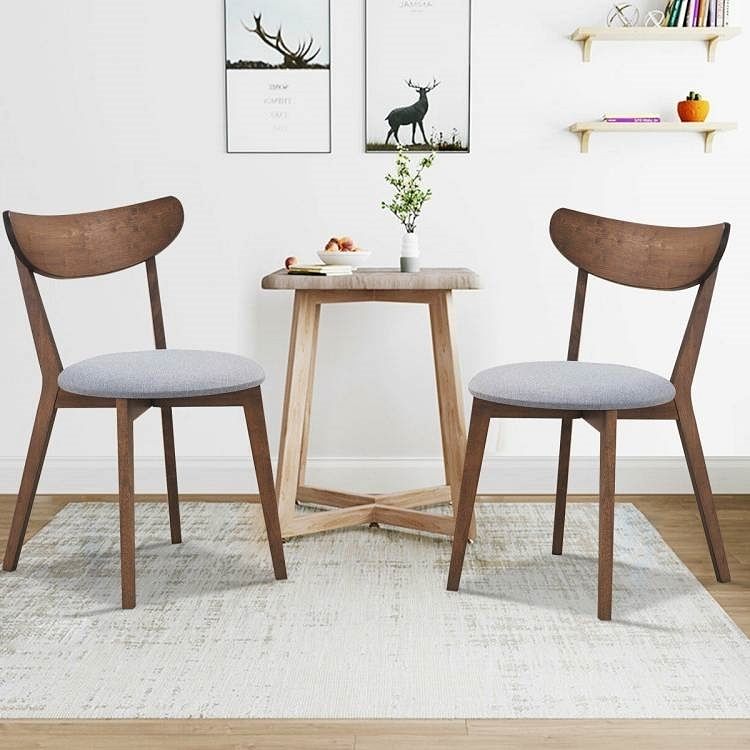 Set of 2 Mid-Century Modern Curved Back Wood Dining Chair Grey Upholstered Seat - Free Shipping