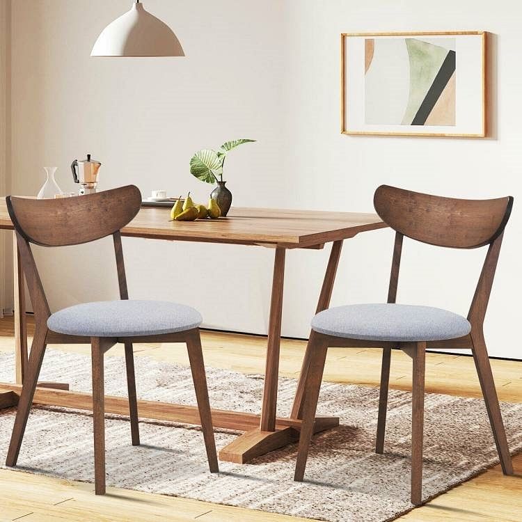 Set of 2 Mid-Century Modern Curved Back Wood Dining Chair Grey Upholstered Seat - Free Shipping