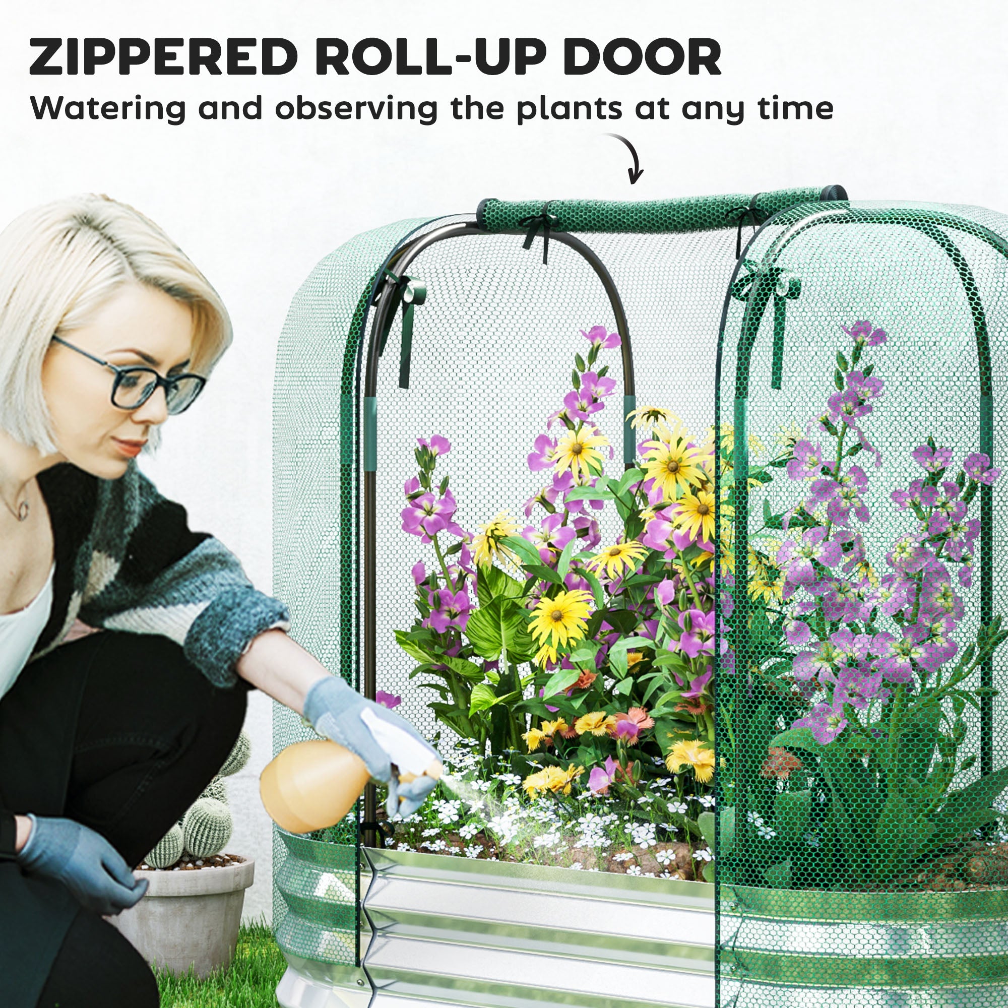 Outsunny Galvanized Raised Garden Bed with Crop Cage Protection Net Cover, Outdoor Planter Box for Vegetables, Flowers, Herbs 