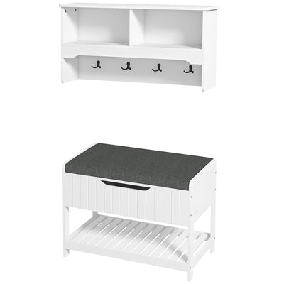 HOMCOM Wall Mounted Coat Rack with Shoe Storage Bench, Hall Tree and Bench, Clothes Hanger Rack with Shelves for Hallway White 