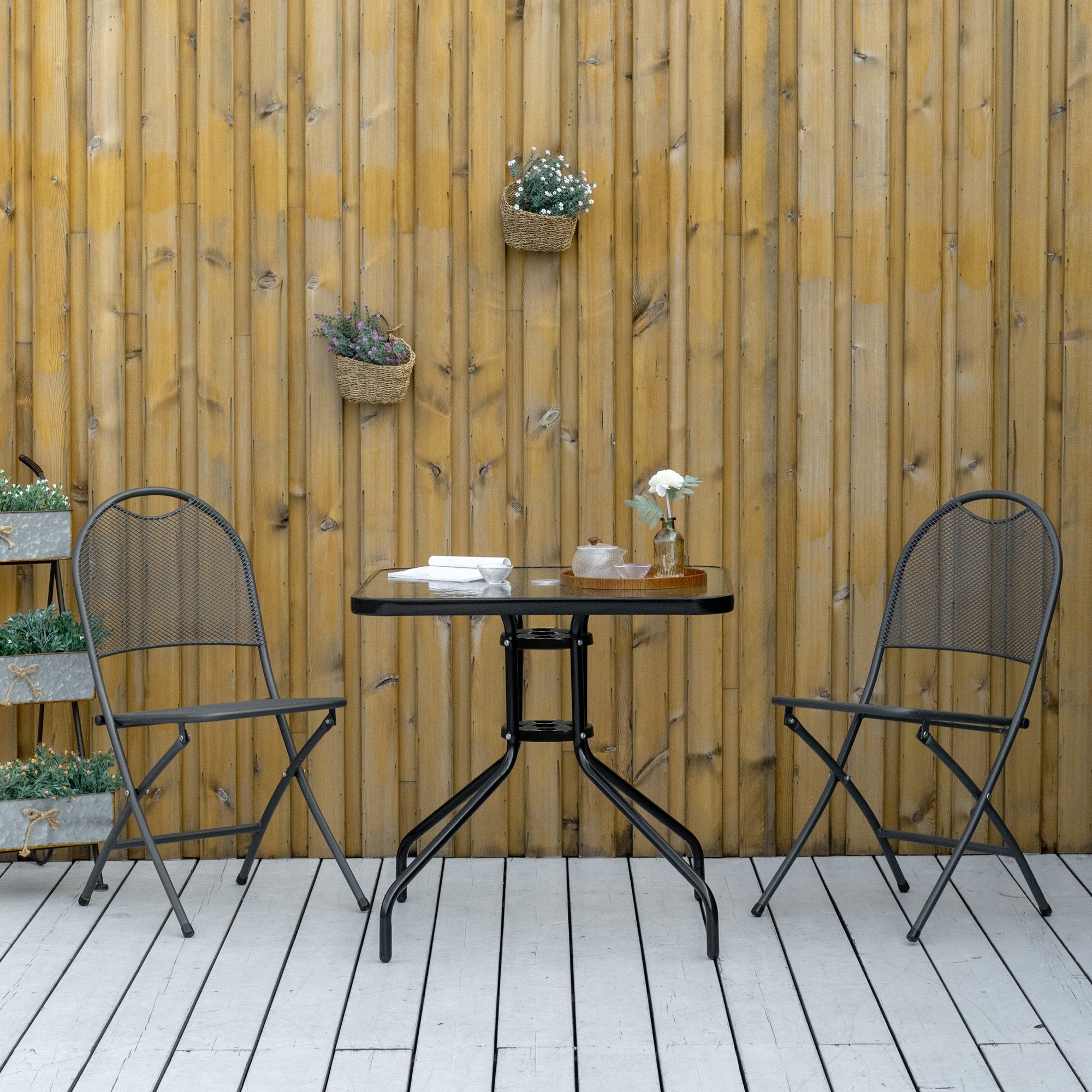 Outsunny Square Outdoor Dining Table - Tempered Glass Top with Umbrella Hole, Perfect for Garden & Balcony, Black 