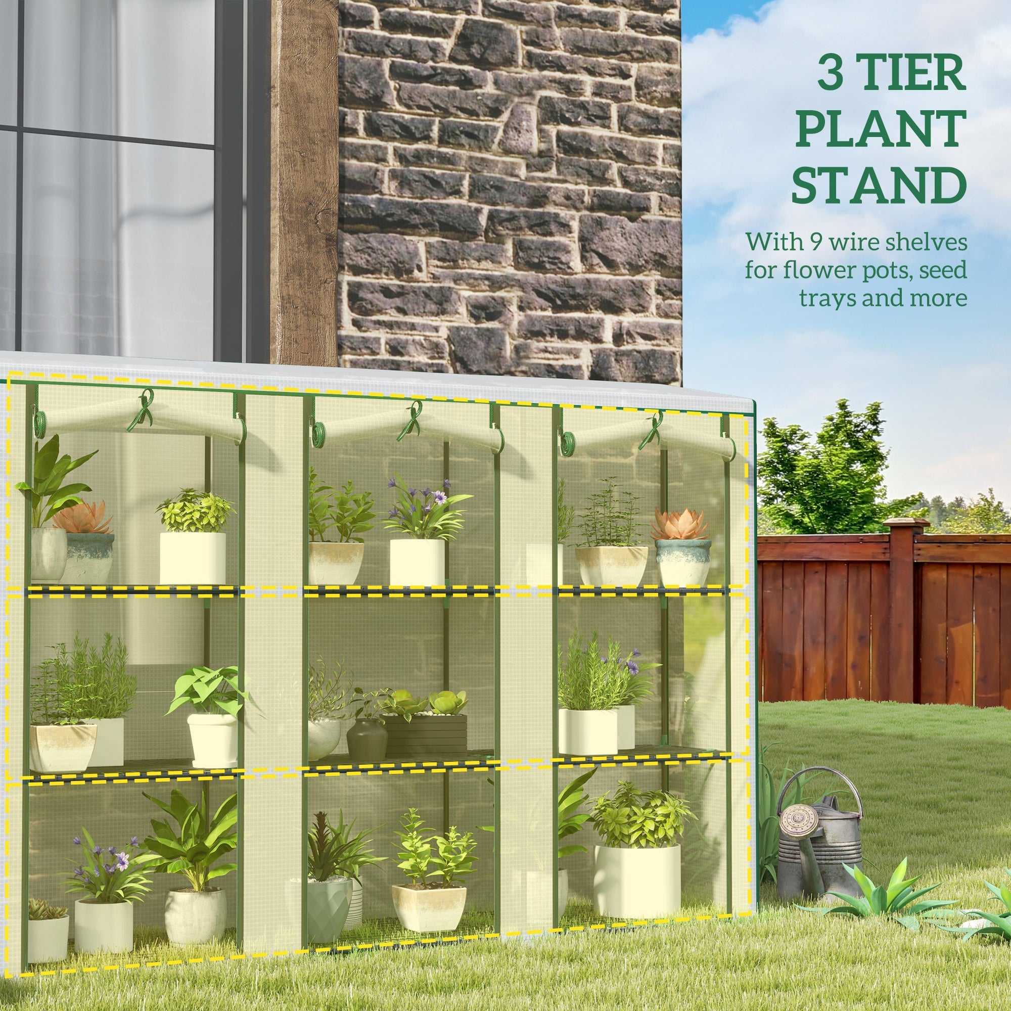 Outsunny Lean-to Greenhouse with 3 Tier Shelves, Mini Greenhouse with 3 Roll-Up Doors for Indoor Outdoor, White 