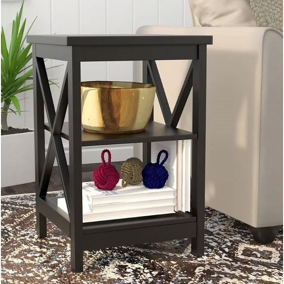 Black Wood X-Design End Table Nightstand with 3 Open Shelves - Free Shipping