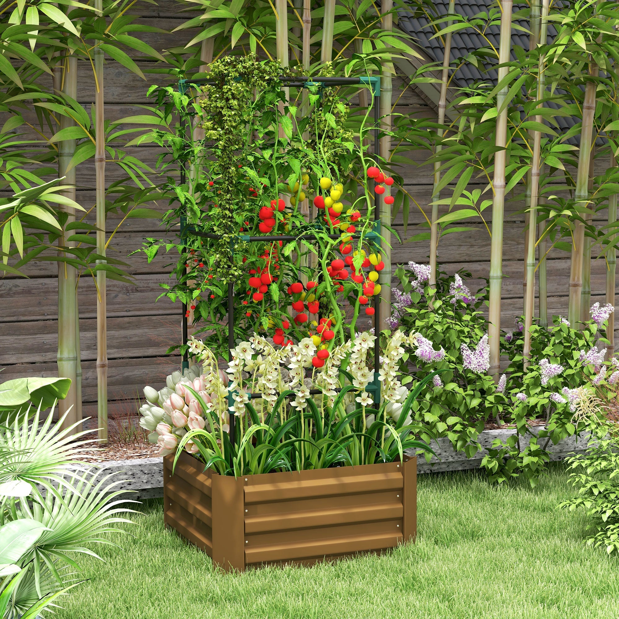 Outsunny Durable Galvanized Planter Box with 3-Tier Trellis for Climbing Plants Outdoor Raised Garden Bed Brown 