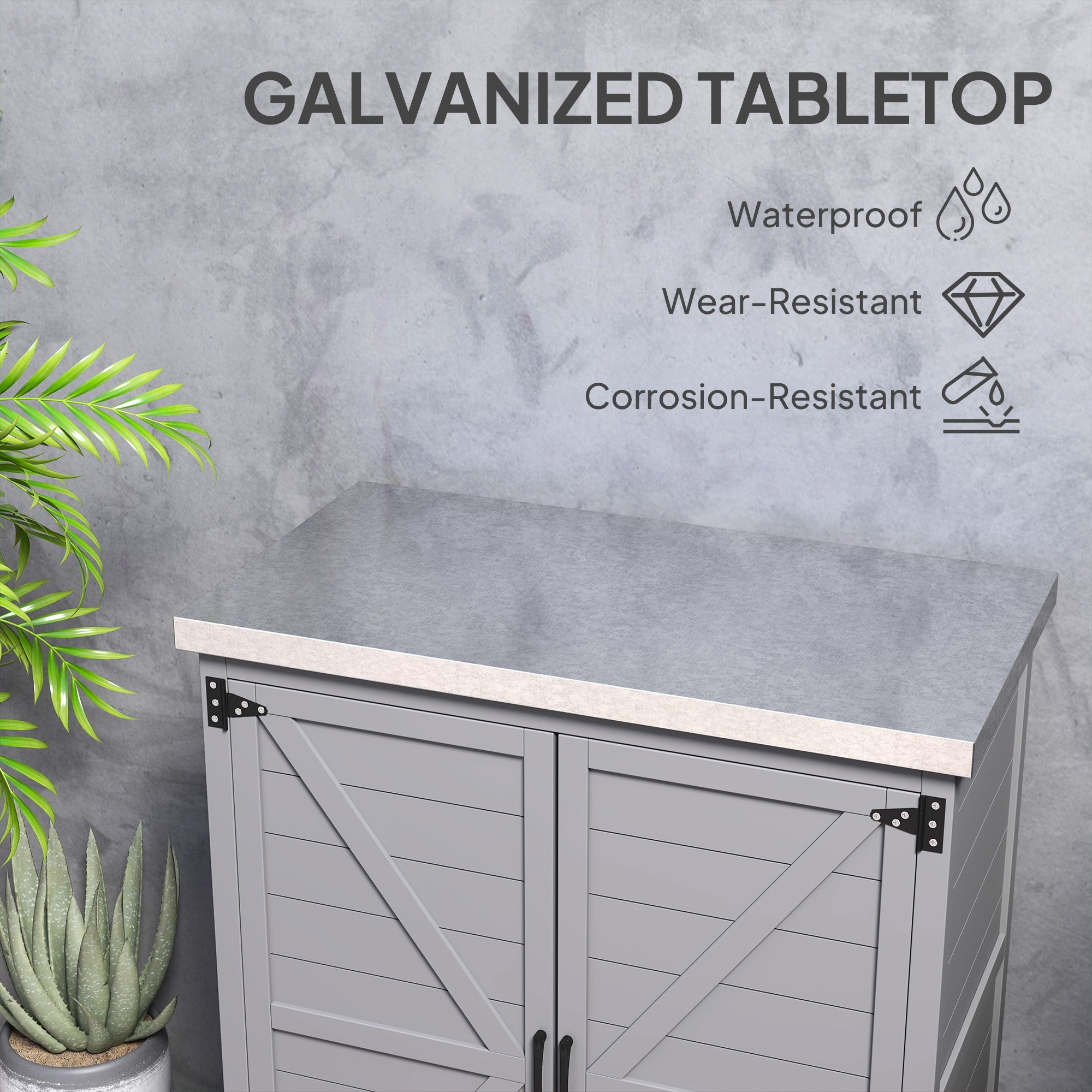 Outsunny Garden Storage Cabinet, Outdoor Potting Bench Table with Metal Tabletop, Shelf and Double Doors, Grey 
