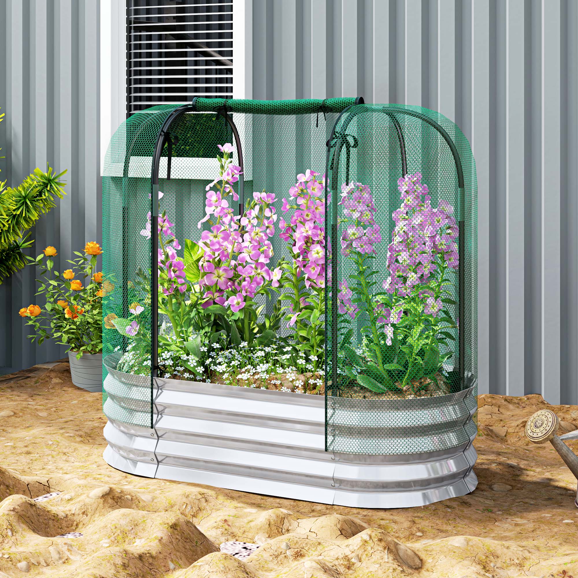 Outsunny Galvanized Raised Garden Bed with Crop Cage Protection Net Cover, Outdoor Planter Box for Vegetables, Flowers, Herbs 