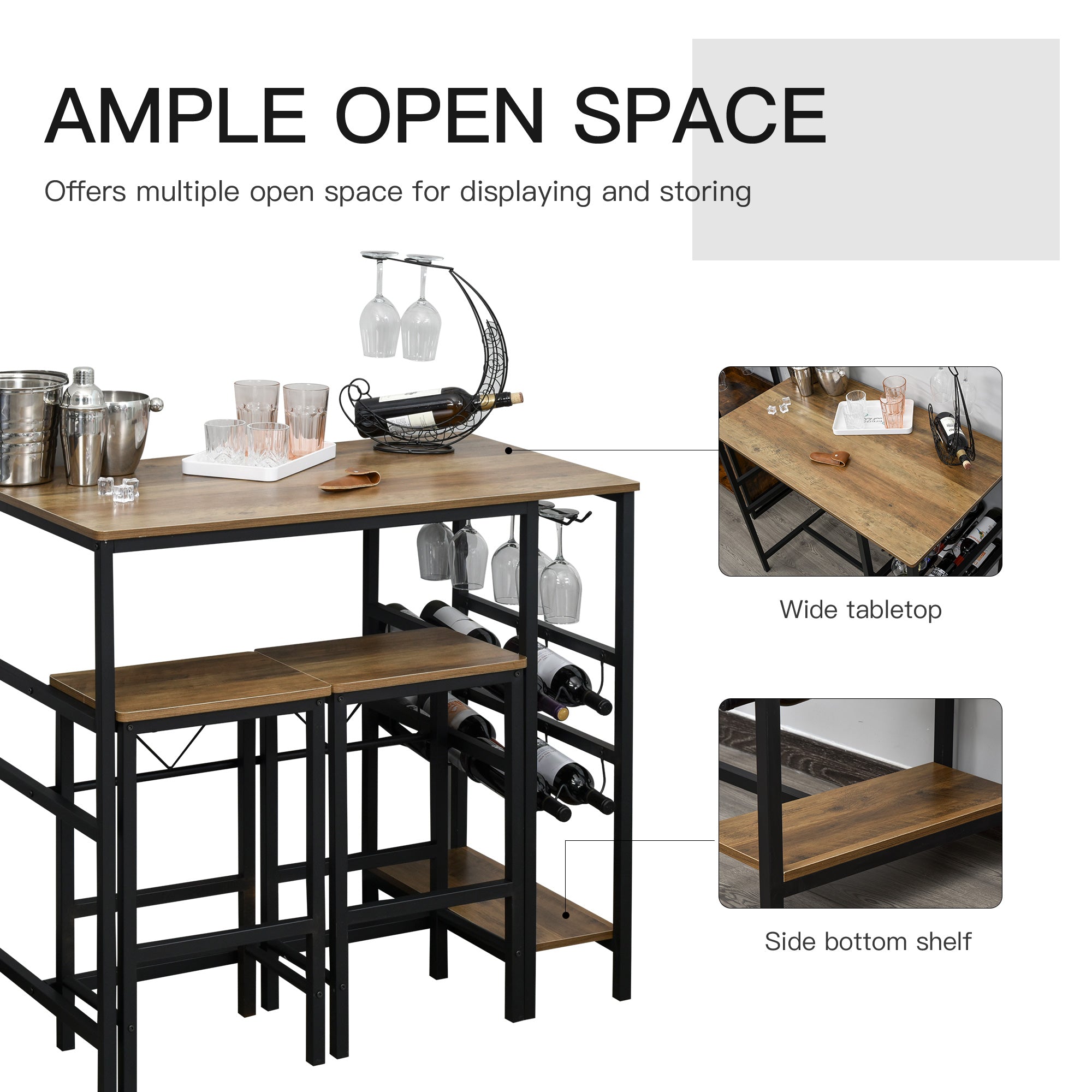 HOMCOM 3 Piece Dining Set Table Chairs Bar Bistro 8-Bottle Wine Rack Cup Holder Metal Frame 