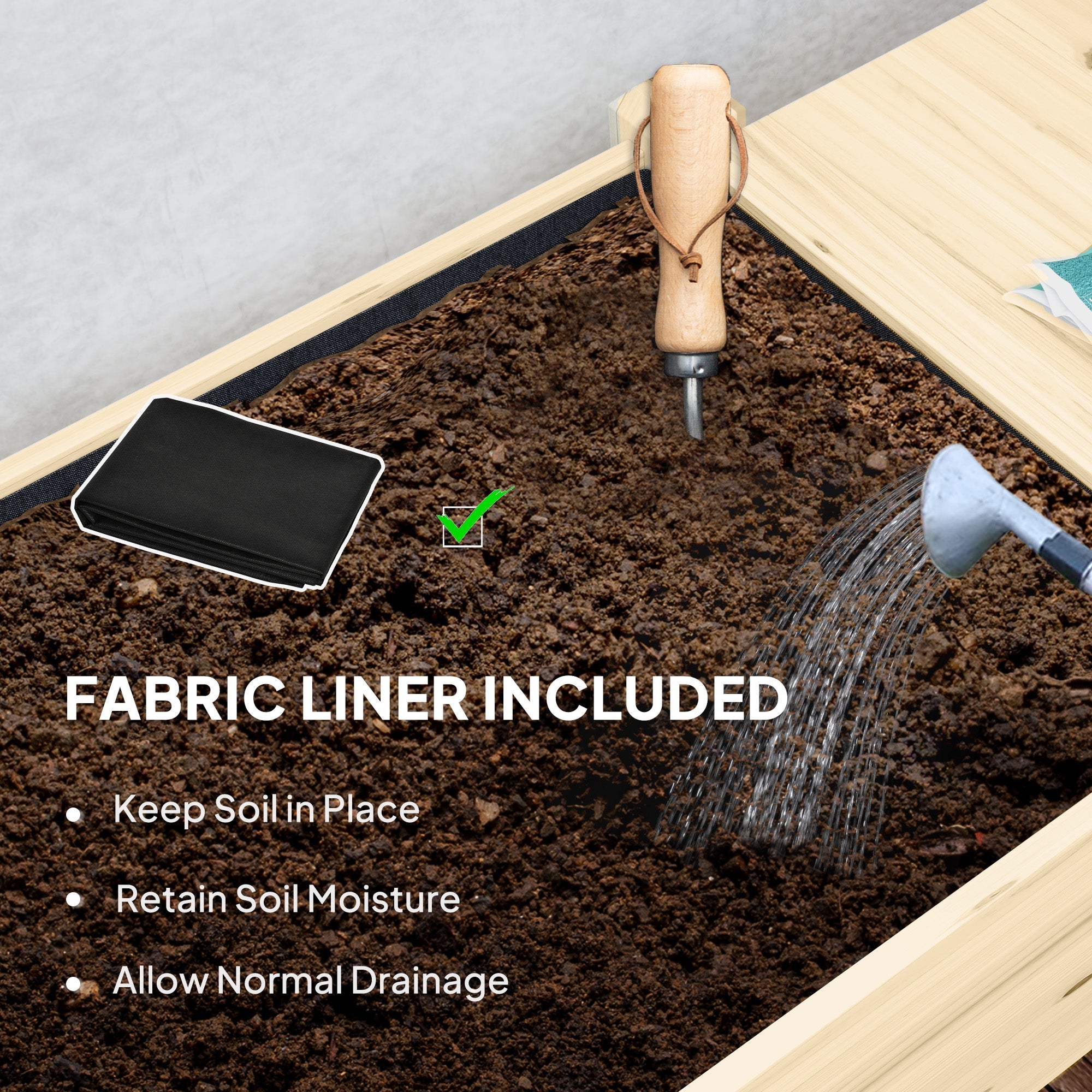 Outsunny Raised Garden Bed, Wood Planter Box with Lockable Wheels, Side Tables, Bottom Shelf, Bed Liner, Drain Holes, Natural 