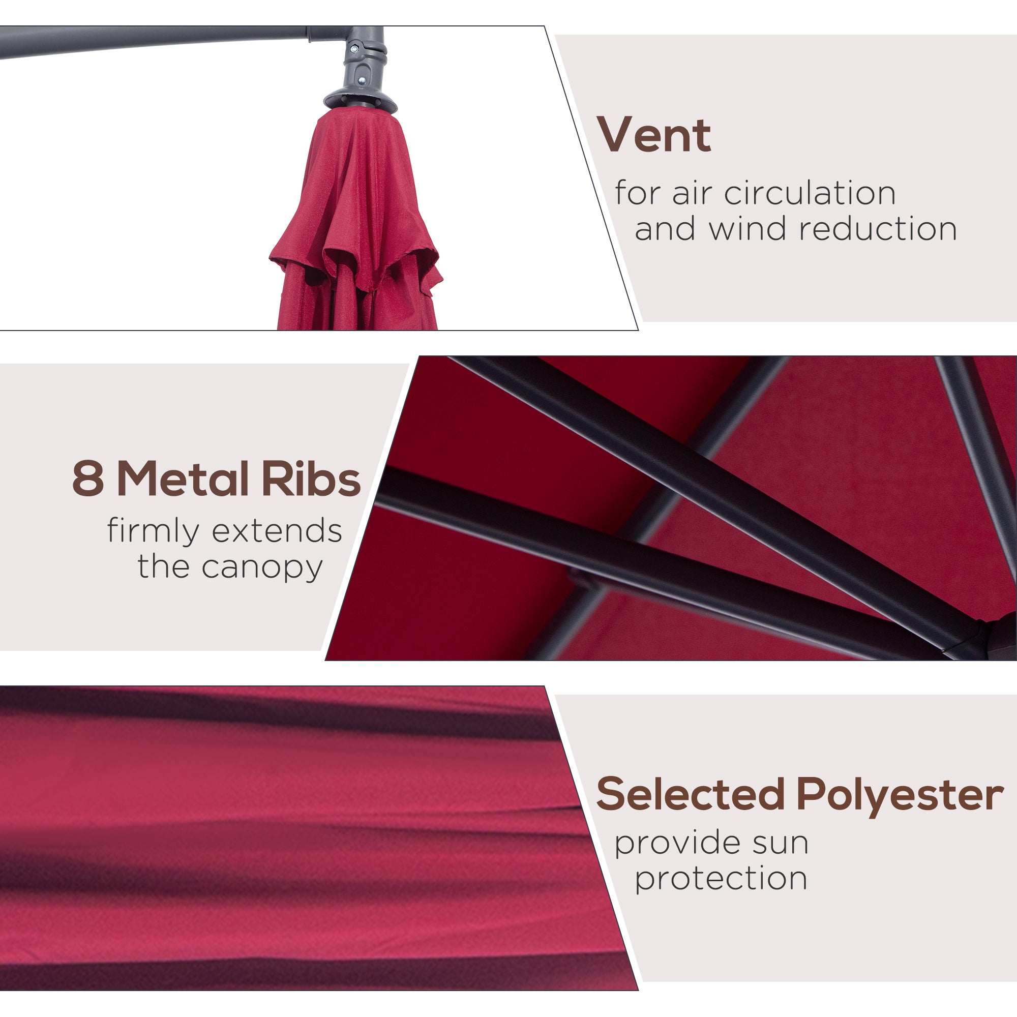 Outsunny Offset Patio Umbrella: Φ10' Deluxe Outdoor Banana Hanging Parasol with Sunshade, Crank & Base, Wine Red 