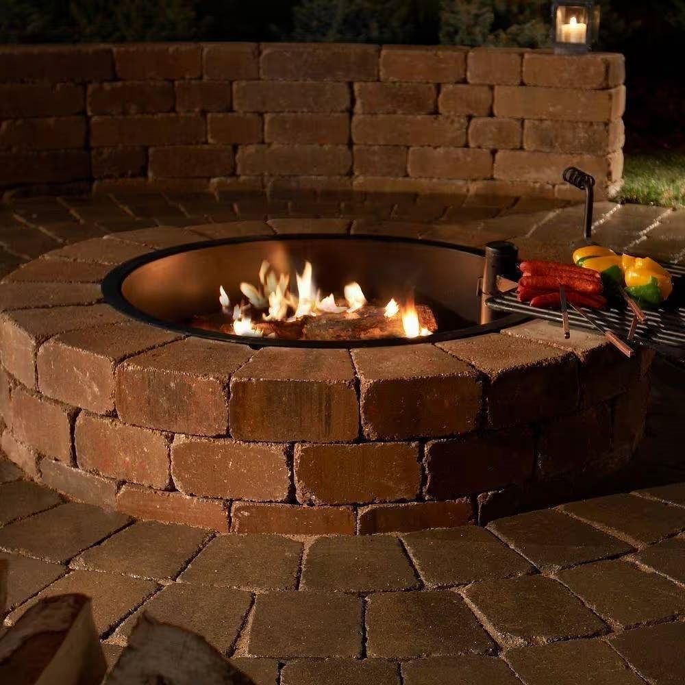 48-in Outdoor Round Concrete Block Stone Fire Pit Kit with Cooking Grill Grate - Free Shipping