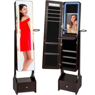 Dark Brown Jewelry Cabinet Freestanding Full Length Mirror with LED Lights - Free Shipping 