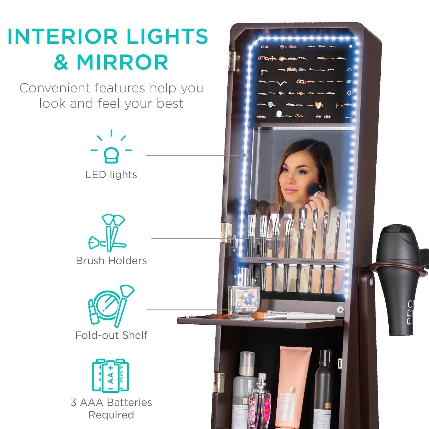 Dark Brown Jewelry Cabinet Freestanding Full Length Mirror with LED Lights - Free Shipping