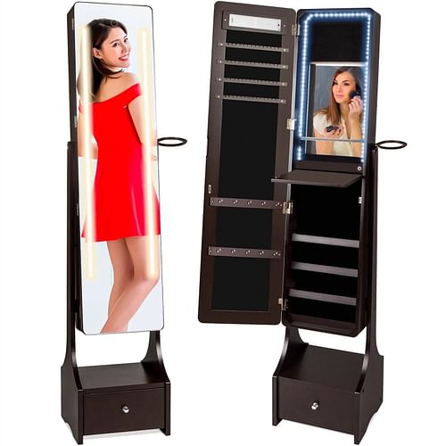 Dark Brown Jewelry Cabinet Freestanding Full Length Mirror with LED Lights - Free Shipping