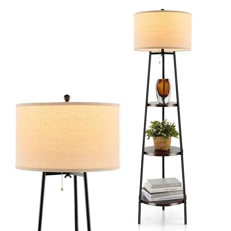 Modern Floor Lamp 3-Tier Bookcase Shelf with Round Drum Linen Lampshade - Free Shipping