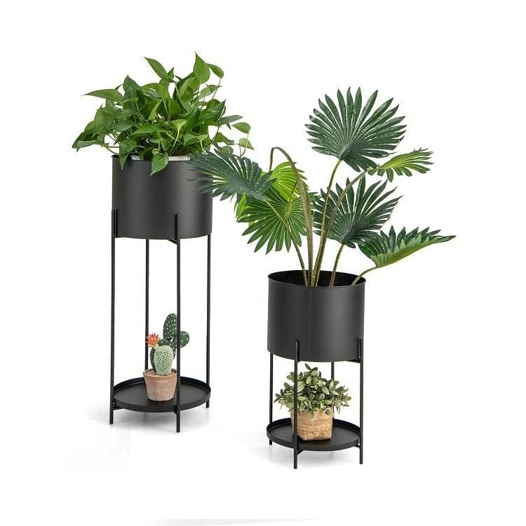 Set of 2 Black Metal Garden Planter Flower Pot Stand with Bottom Shelf - Free Shipping 