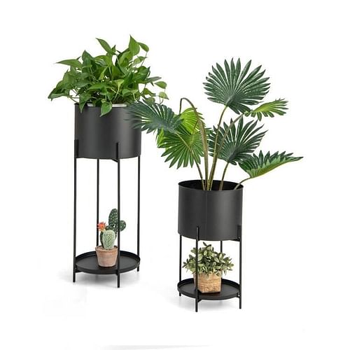 Set of 2 Black Metal Garden Planter Flower Pot Stand with Bottom Shelf - Free Shipping 