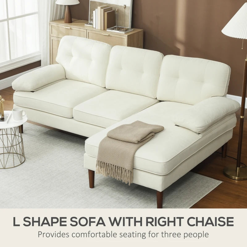 Modern Corner Couch with Right Chaise Lounge, Tufted 3-Seater Sofa with Wooden Legs for Living Room, Cream White