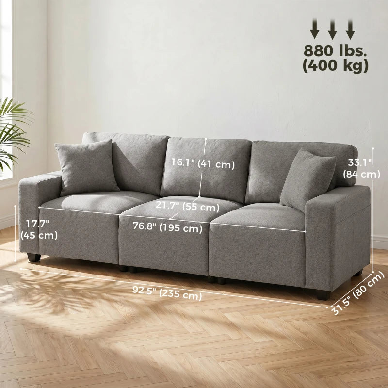 3 Seater Sofa with Storage Pockets, Modern Upholstered Couch with Pocket Springs, Grey