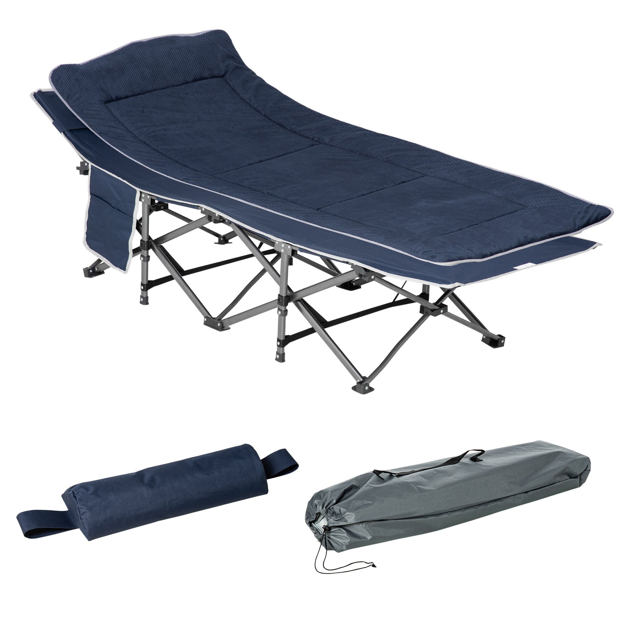 Outsunny Folding Camping Cot for Adults with Mattress Pillow Double Layer Oxford Heavy Duty Sleeping Cot Carry Bag Blue 