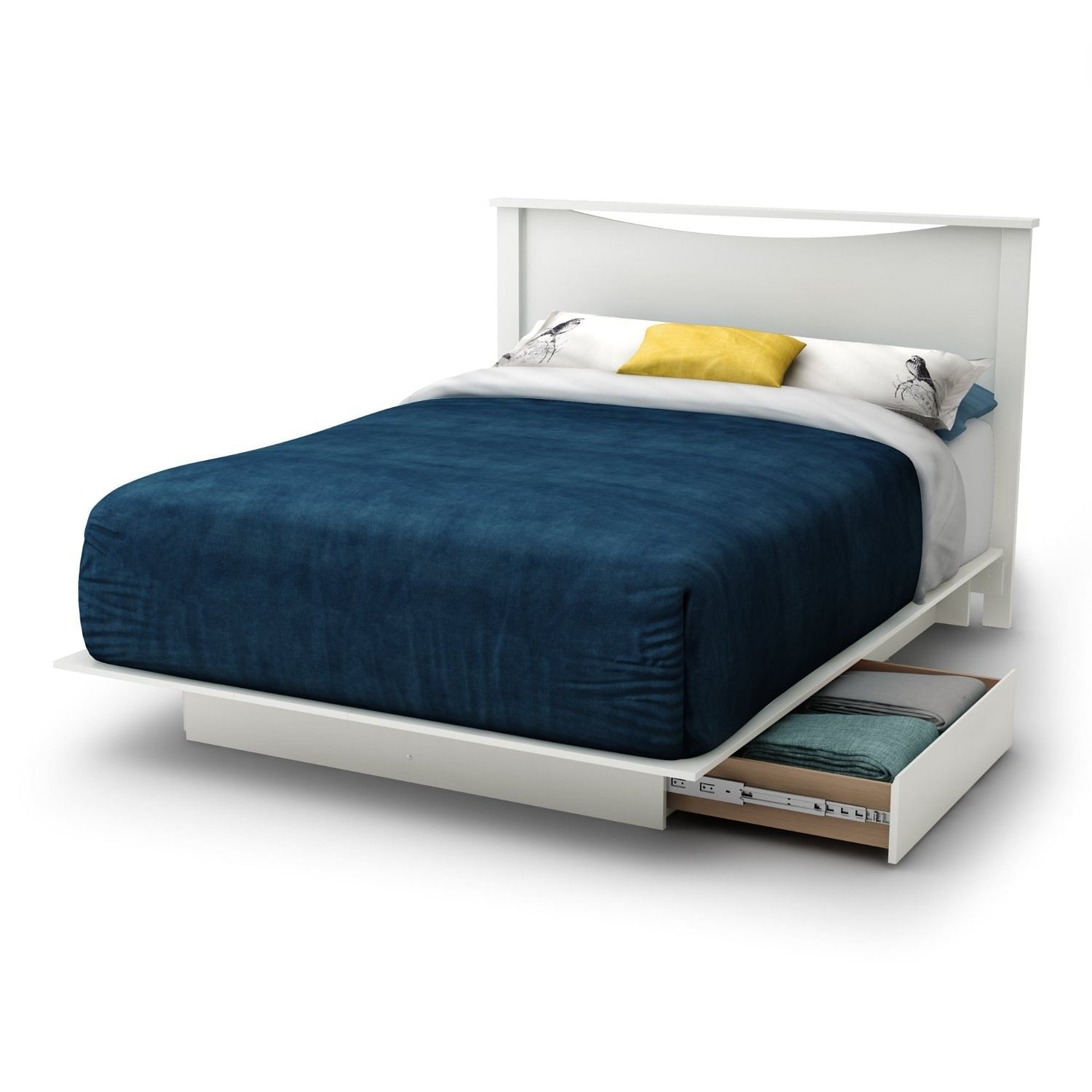 Full size White Modern Platform Bed Frame with 2 Storage Drawers - Free Shipping