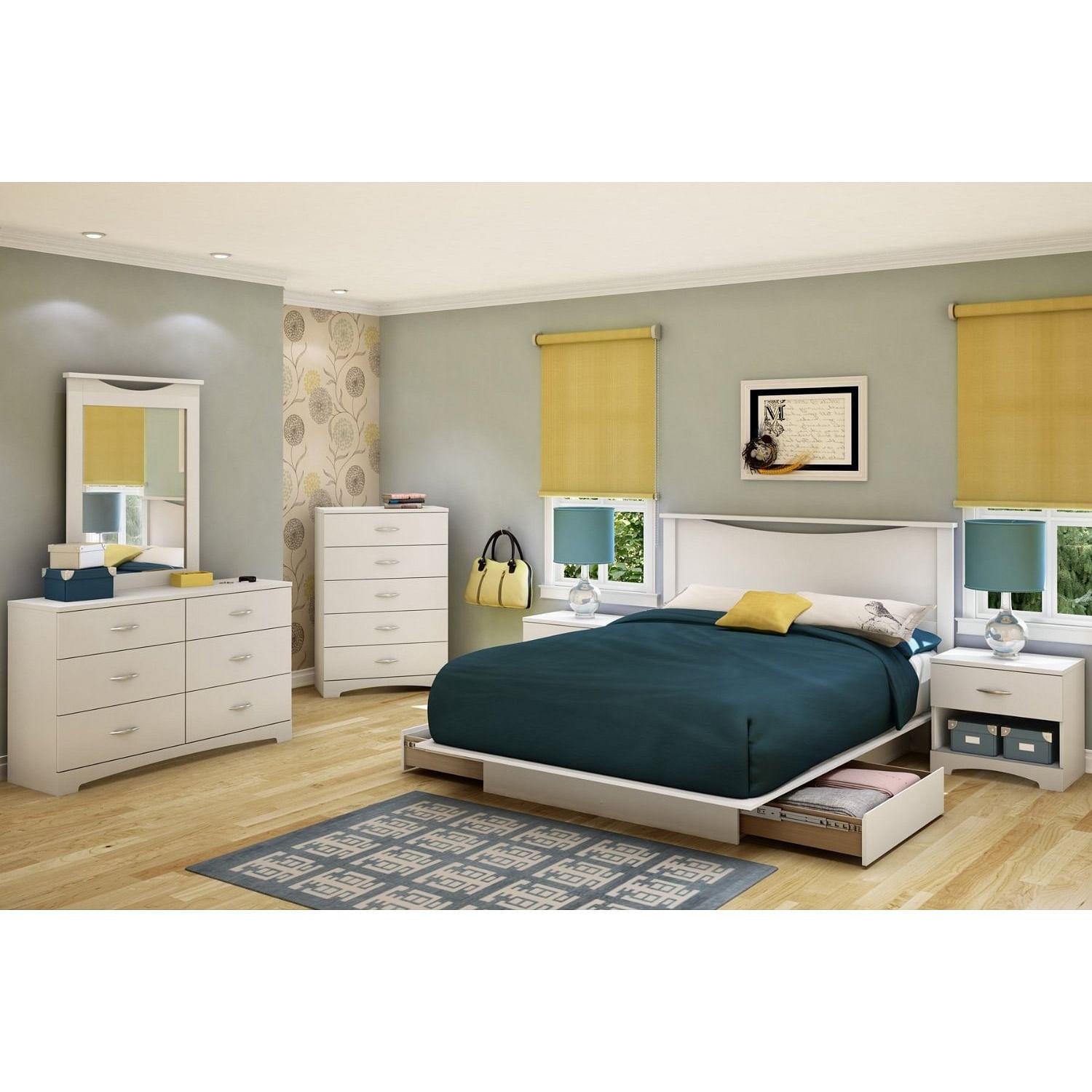 Full size White Modern Platform Bed Frame with 2 Storage Drawers - Free Shipping